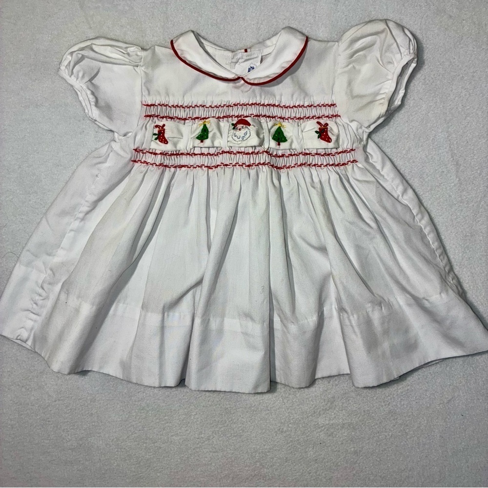 Vtg Imperial Smocked Christmas White & Red Dress Embroidered Ribbon 18mos